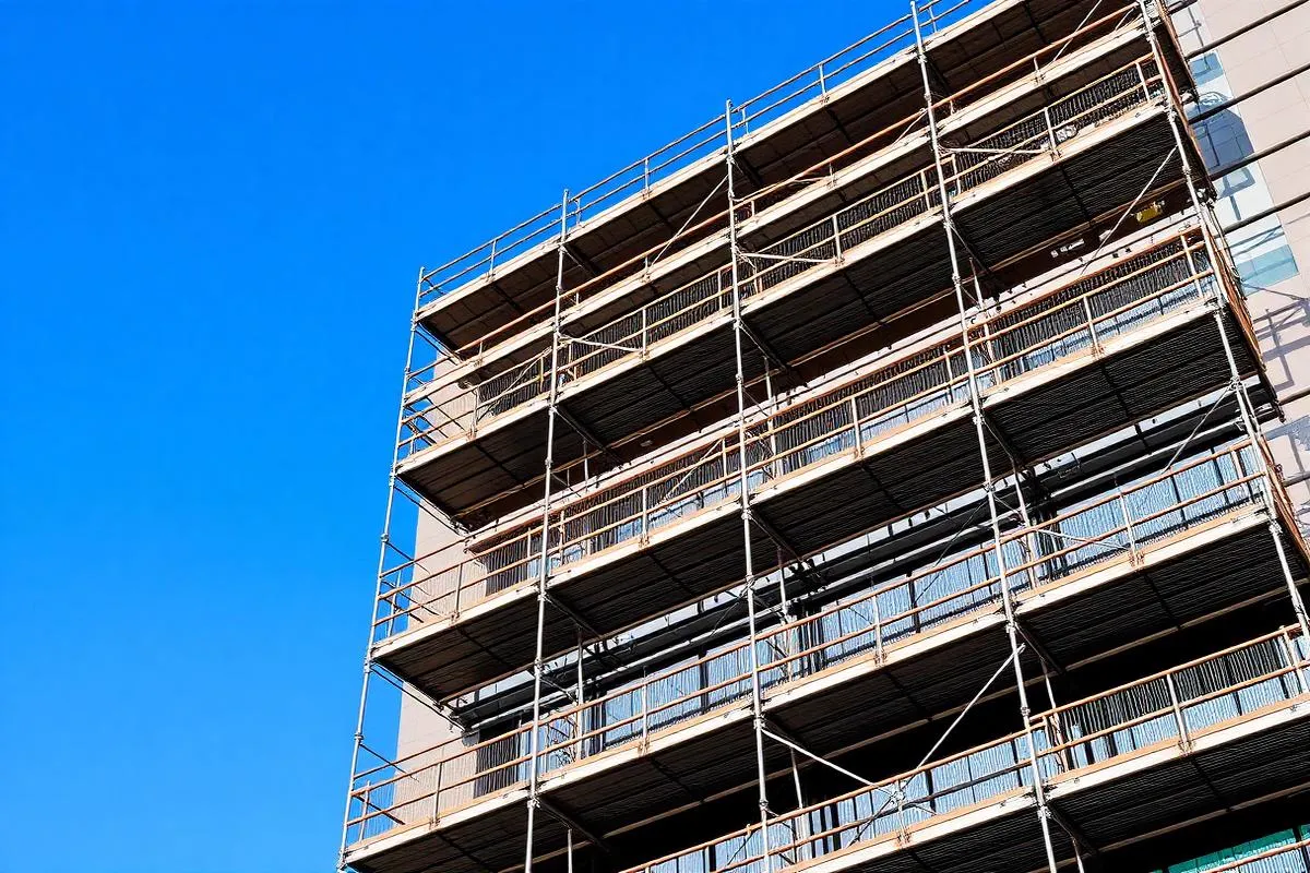 Gerüstprüfung eines Fassadengerüsts auf einer Baustelle